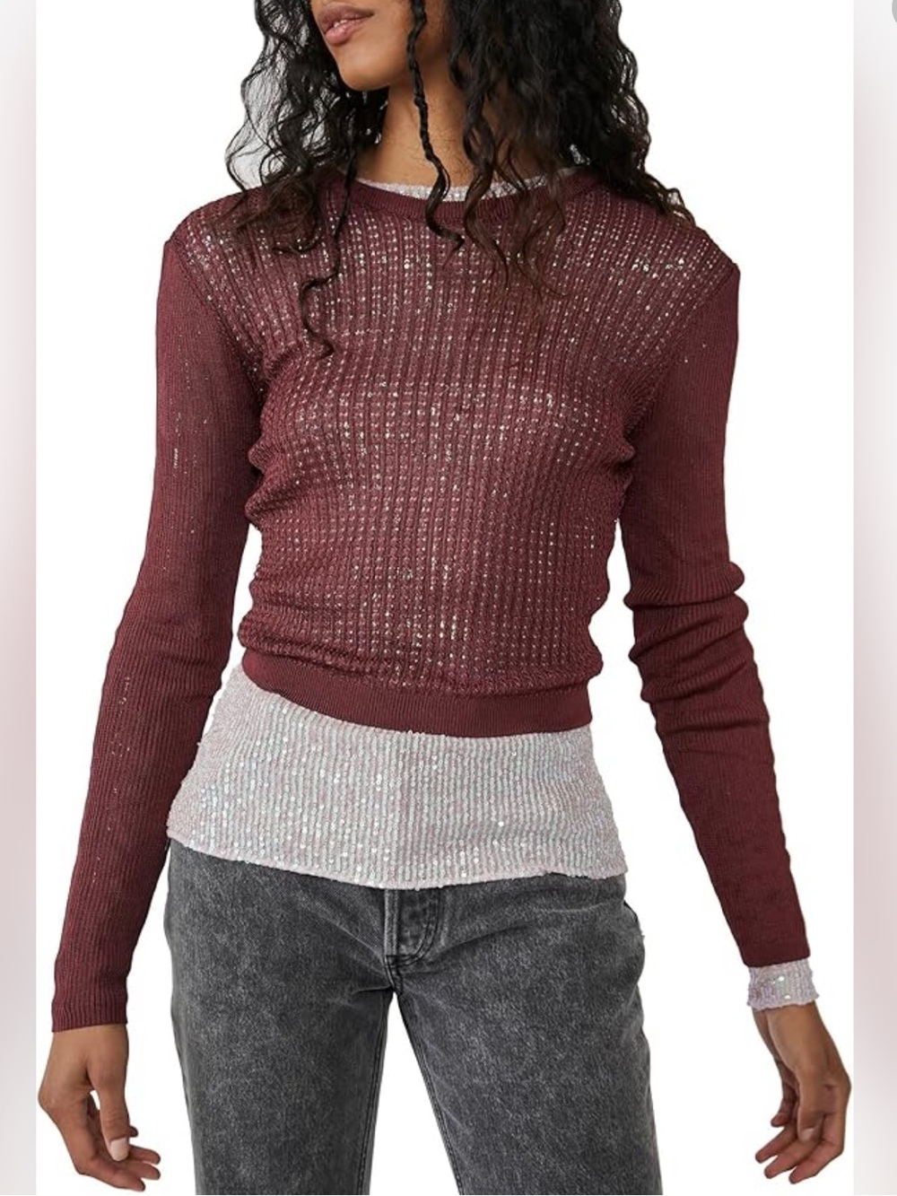 NWT Free People H2O Crew Pullover Open Stitch Knit Top Red Small OB1505557 Party